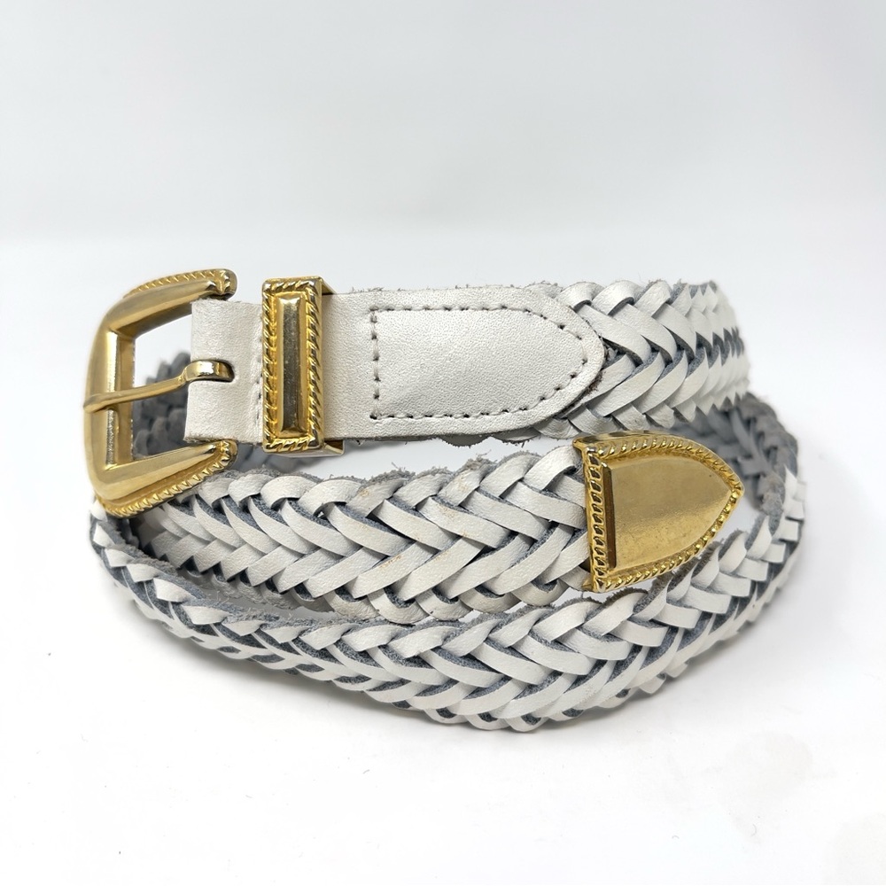 Vintage White Braided Leather Belt, Gold Buckle, Boho Classic